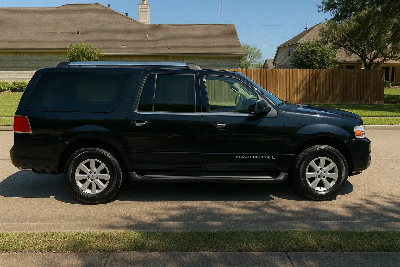 Side view of a used 2013 Lincoln Navigator L SUV with a long wheelbase and chrome-trimmed windows, parked on a dealership lot.